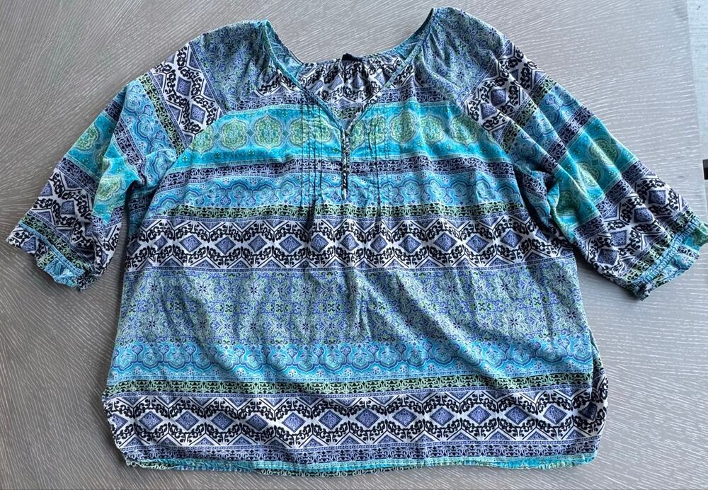 Basic Editions Woman 100% Cotton Boho Peasant Top Blouse Blue Green Plus 3X